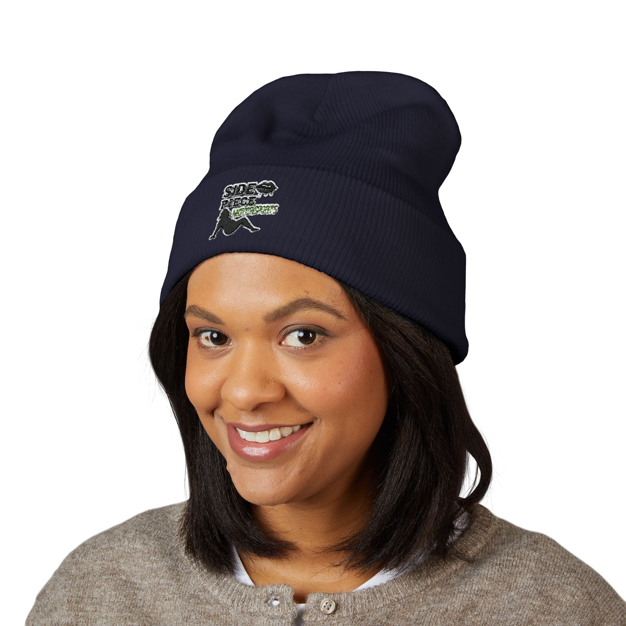 Side Piece Embroidered Cuffed Beanie — Trendy Minimal Winter Knit Hat