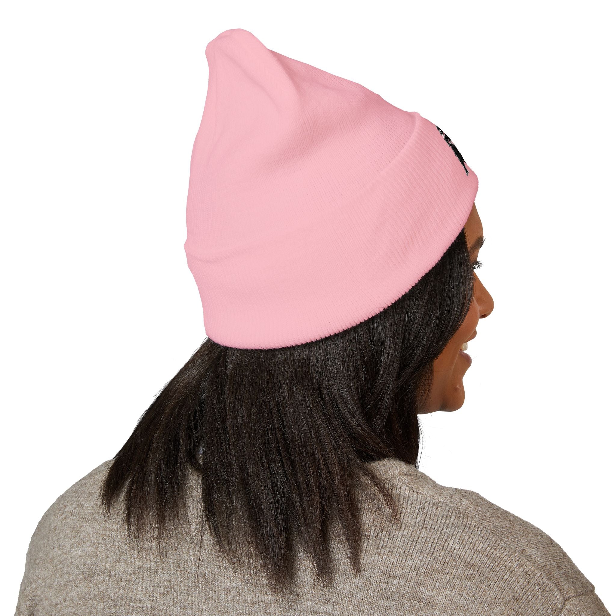 Side Piece Embroidered Cuffed Beanie — Trendy Minimal Winter Knit Hat