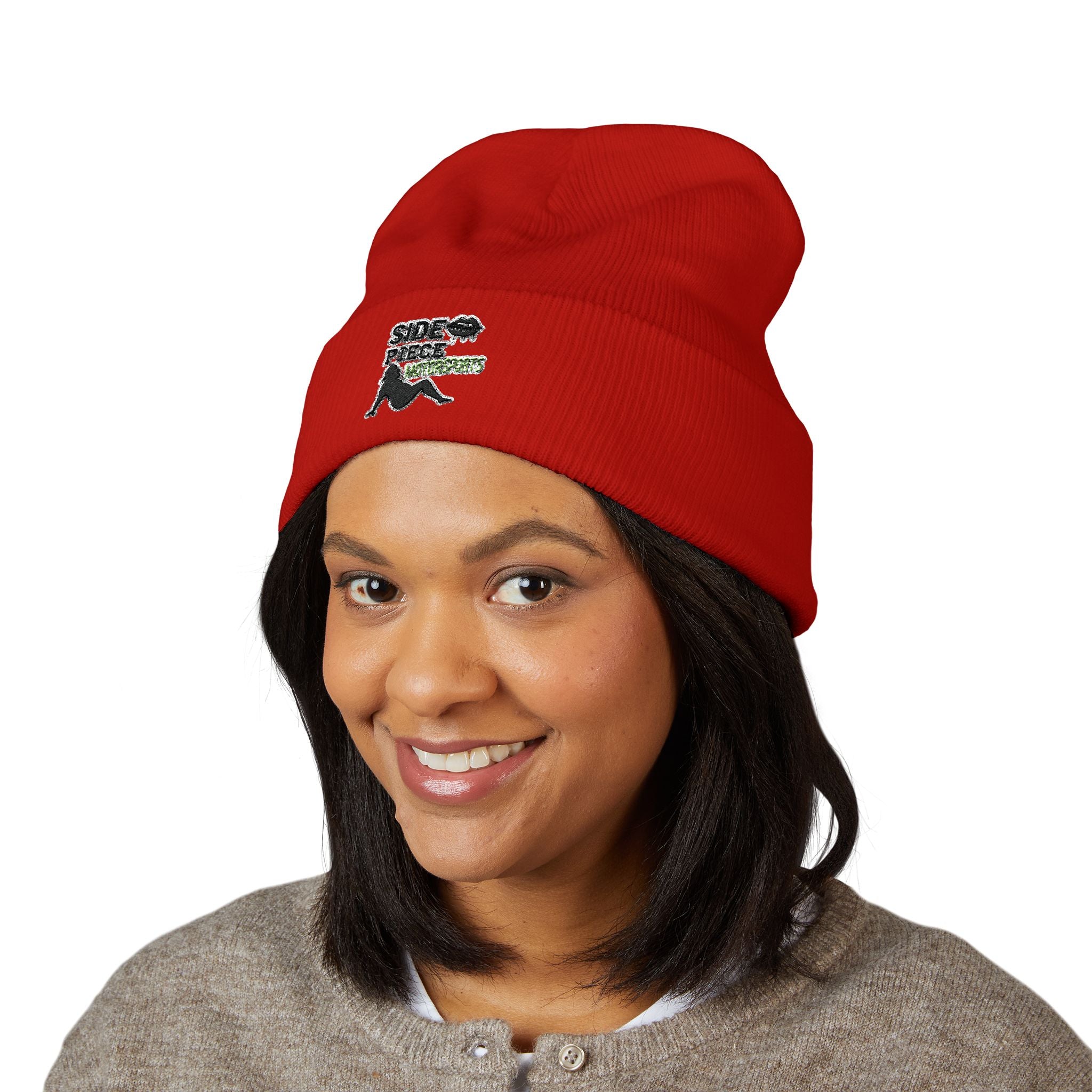Side Piece Embroidered Cuffed Beanie — Trendy Minimal Winter Knit Hat