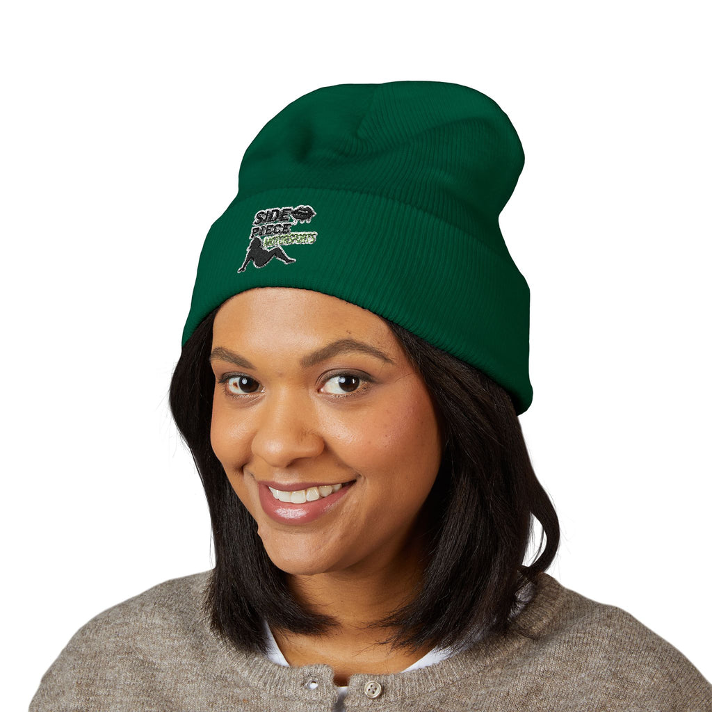 Side Piece Embroidered Cuffed Beanie — Trendy Minimal Winter Knit Hat