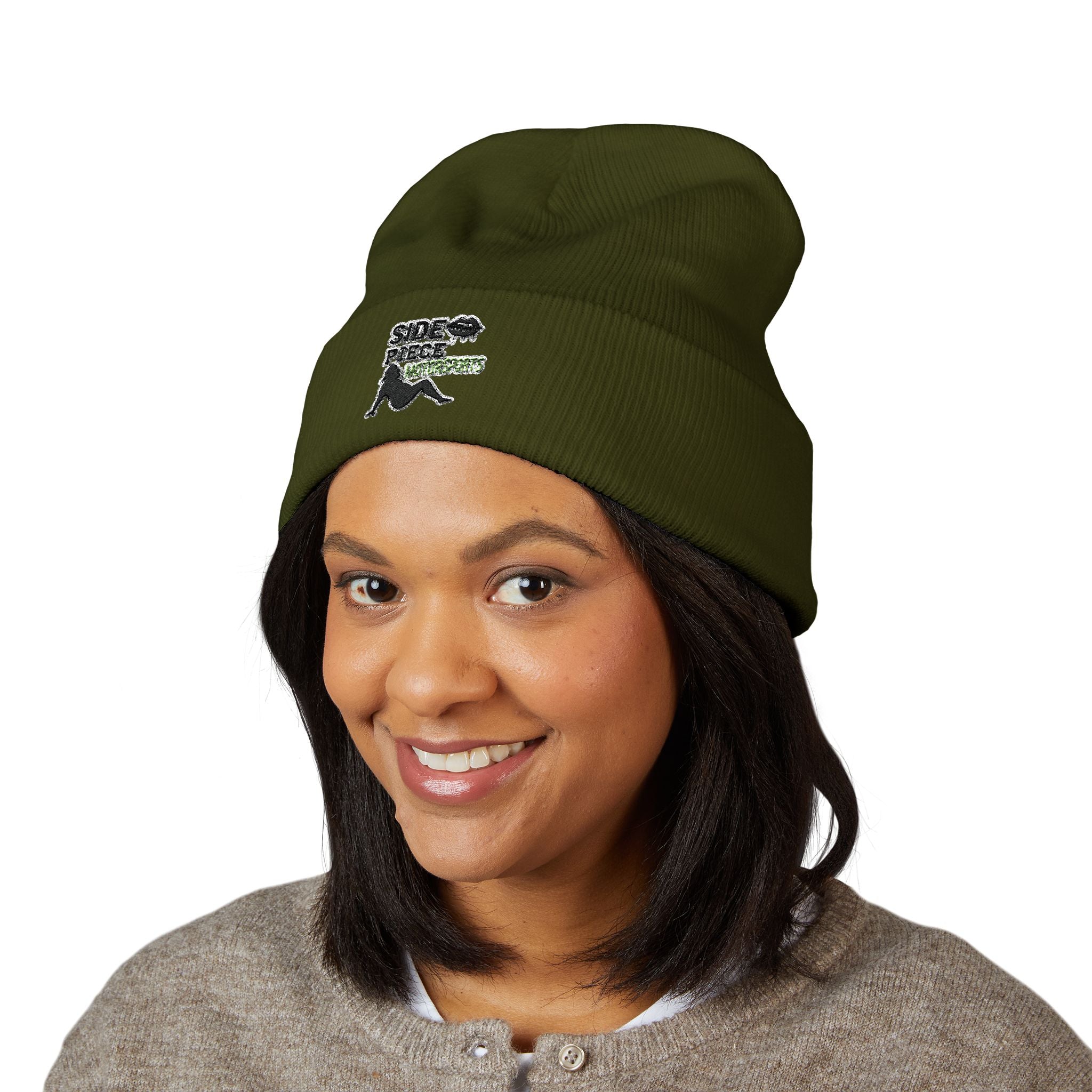 Side Piece Embroidered Cuffed Beanie — Trendy Minimal Winter Knit Hat