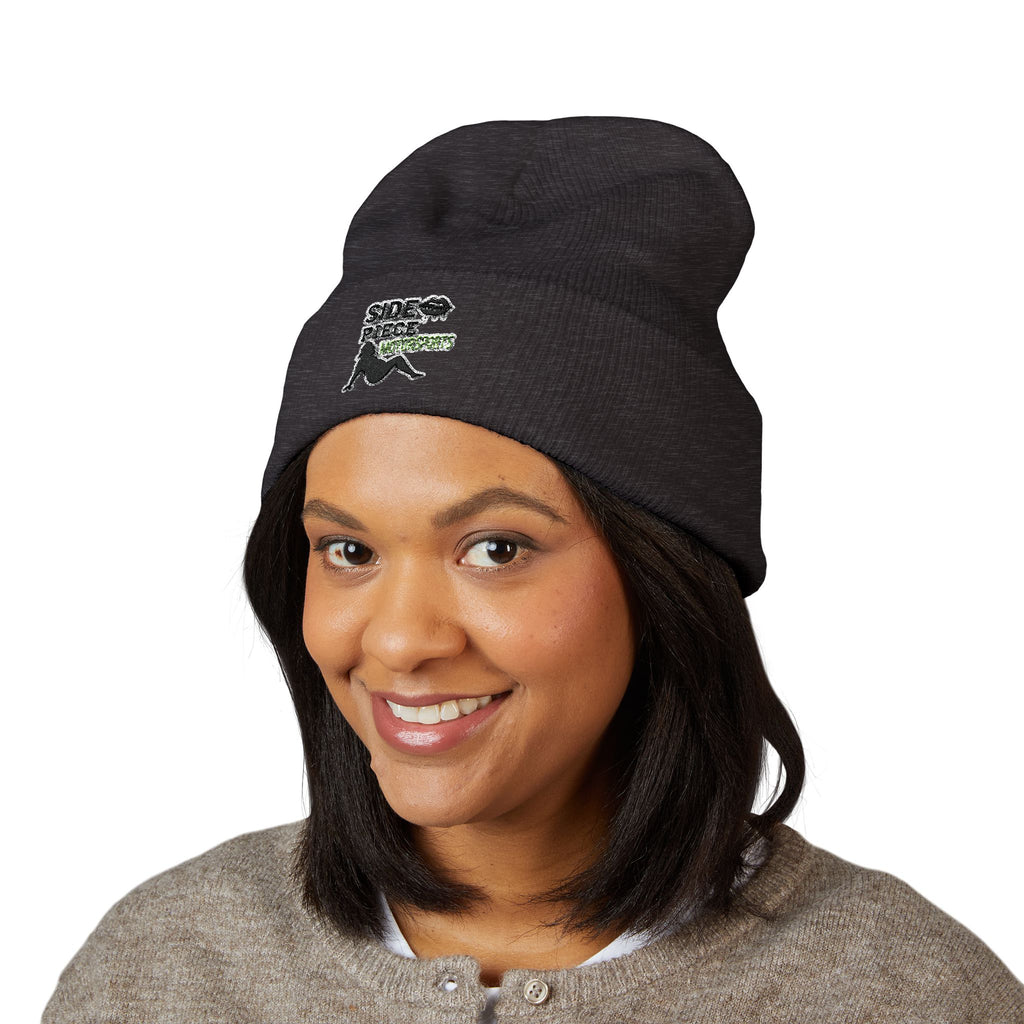 Side Piece Embroidered Cuffed Beanie — Trendy Minimal Winter Knit Hat