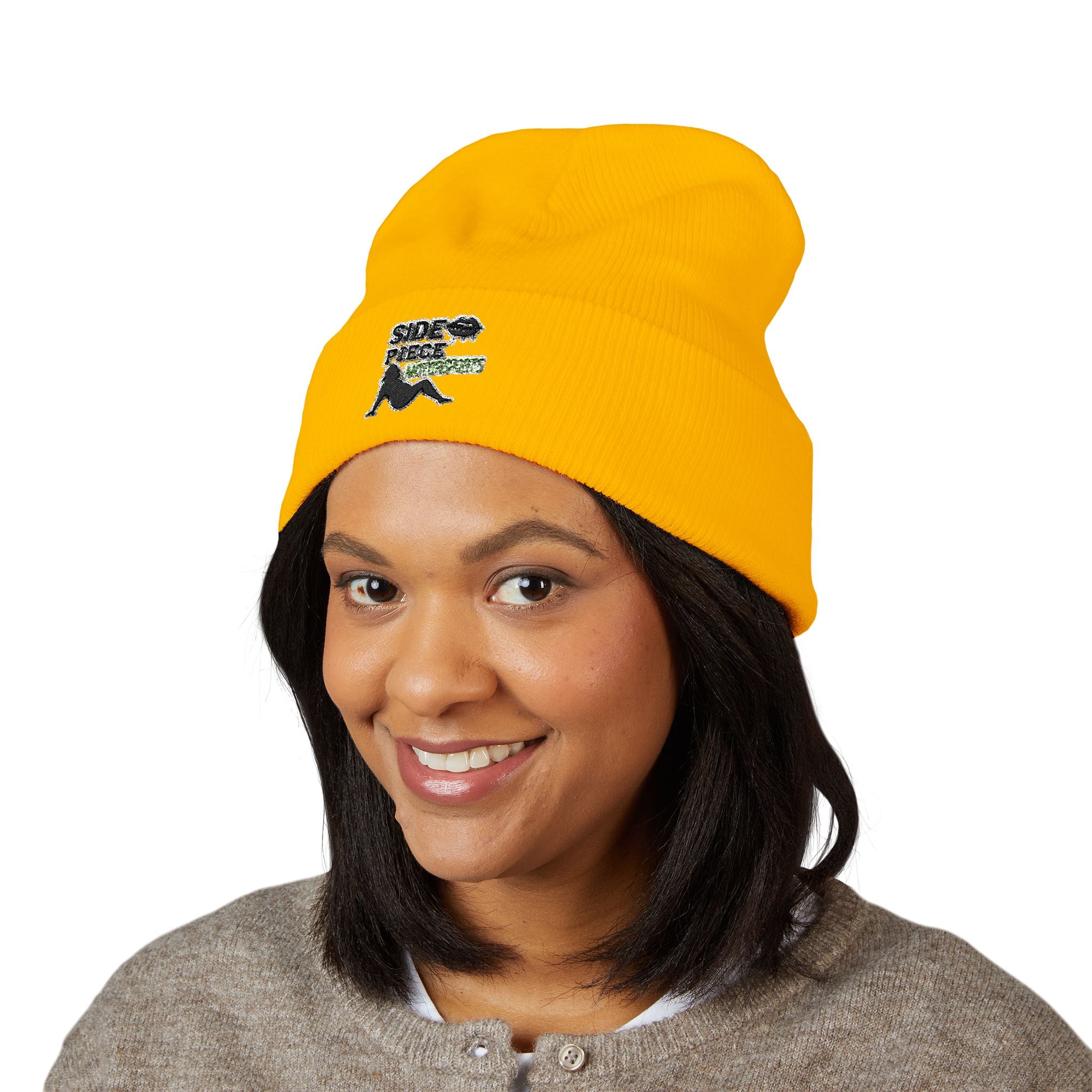Side Piece Embroidered Cuffed Beanie — Trendy Minimal Winter Knit Hat