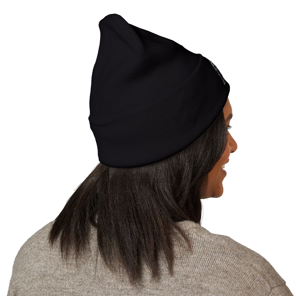 Side Piece Embroidered Cuffed Beanie — Trendy Minimal Winter Knit Hat