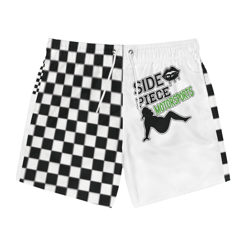 Motorsports Checkered Swim Trunks — "Side Piece Motorsports" Graphic