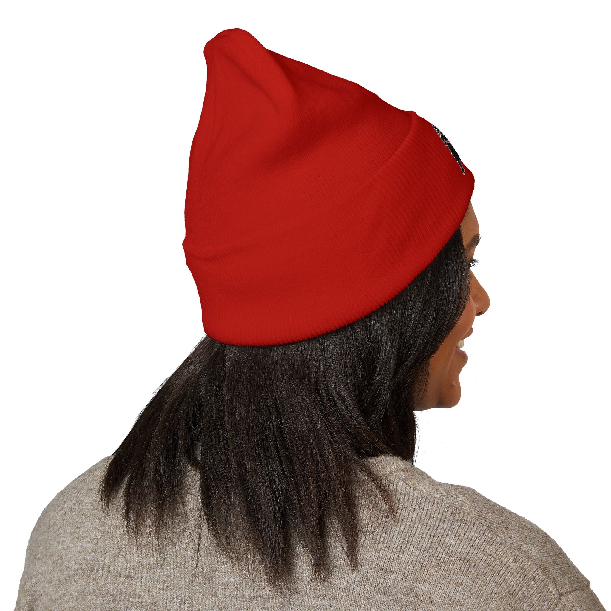 Side Piece Embroidered Cuffed Beanie — Trendy Minimal Winter Knit Hat
