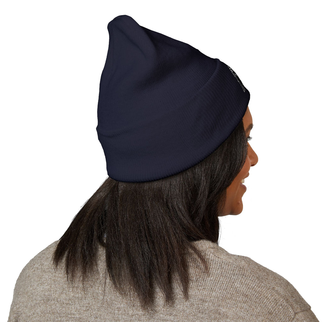 Side Piece Embroidered Cuffed Beanie — Trendy Minimal Winter Knit Hat
