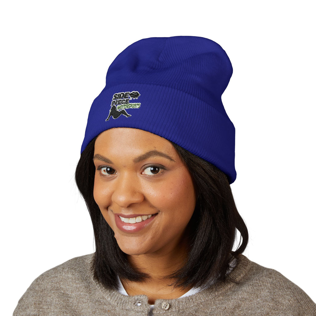 Side Piece Embroidered Cuffed Beanie — Trendy Minimal Winter Knit Hat