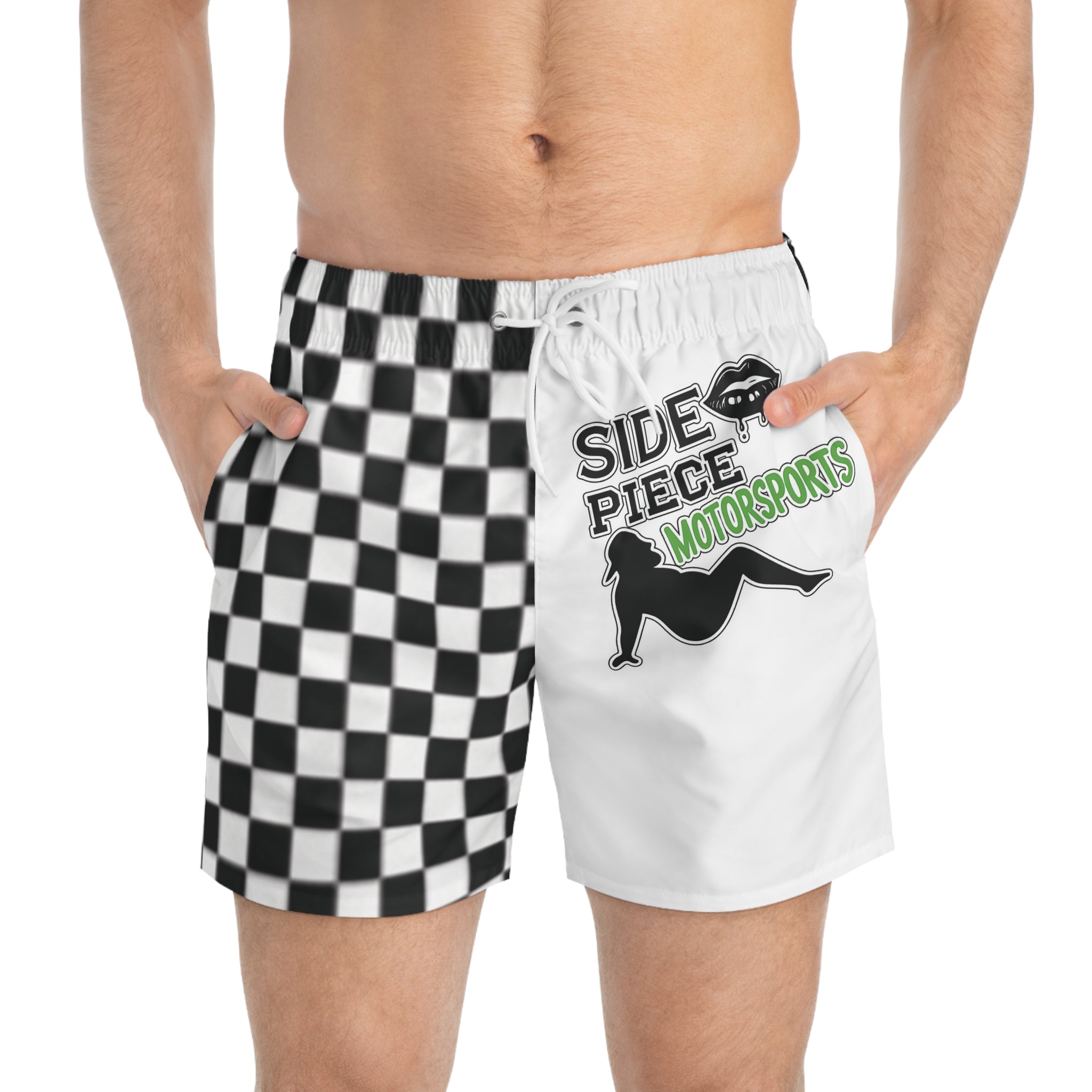Motorsports Checkered Swim Trunks — "Side Piece Motorsports" Graphic