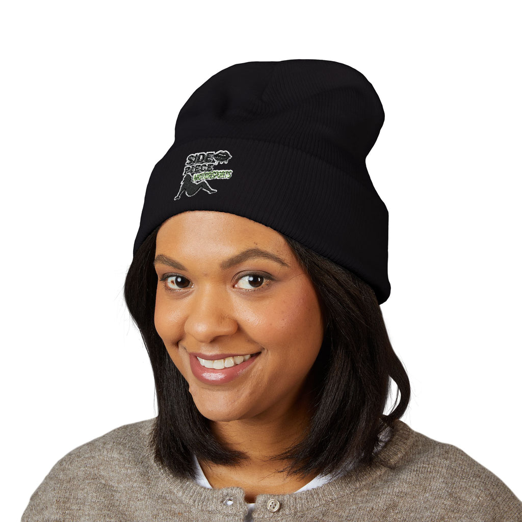 Side Piece Embroidered Cuffed Beanie — Trendy Minimal Winter Knit Hat