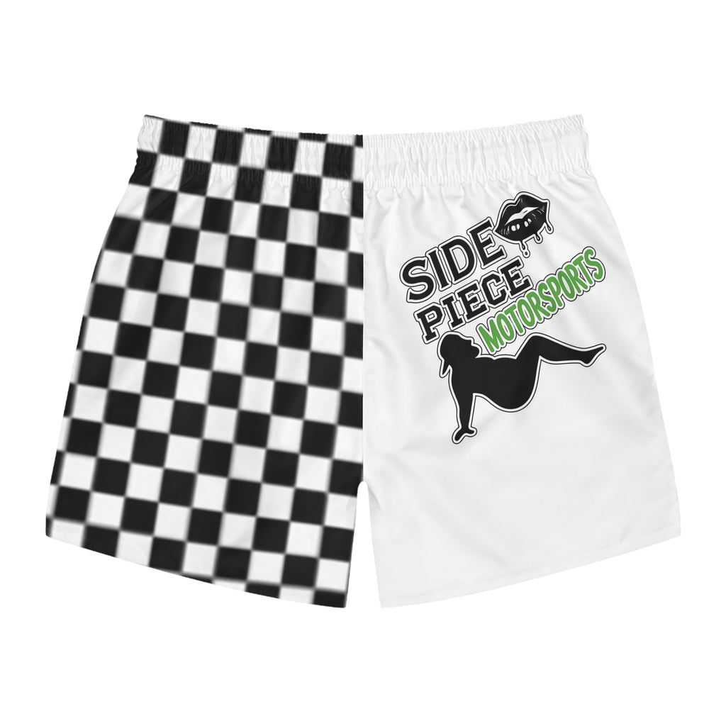 Motorsports Checkered Swim Trunks — "Side Piece Motorsports" Graphic
