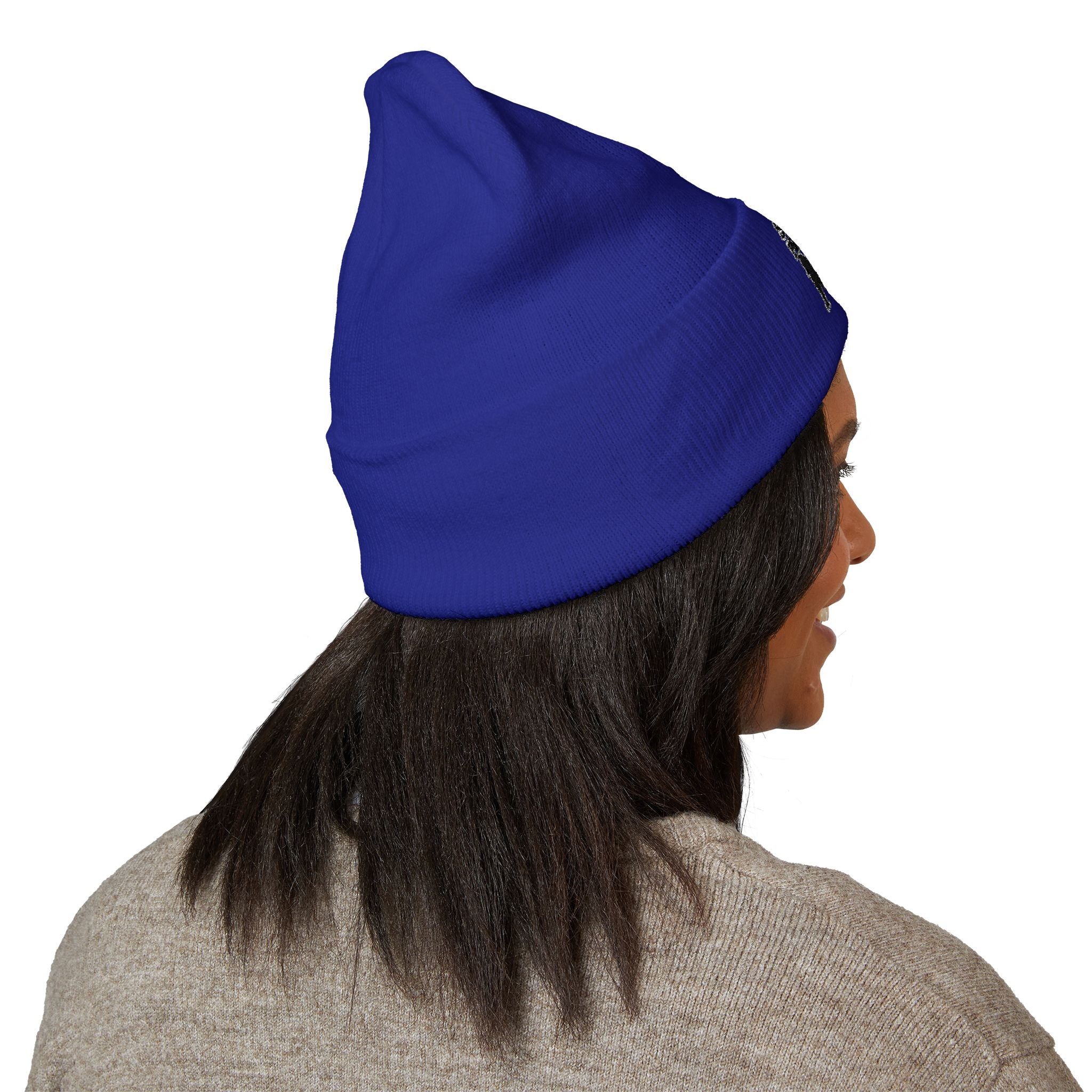Side Piece Embroidered Cuffed Beanie — Trendy Minimal Winter Knit Hat