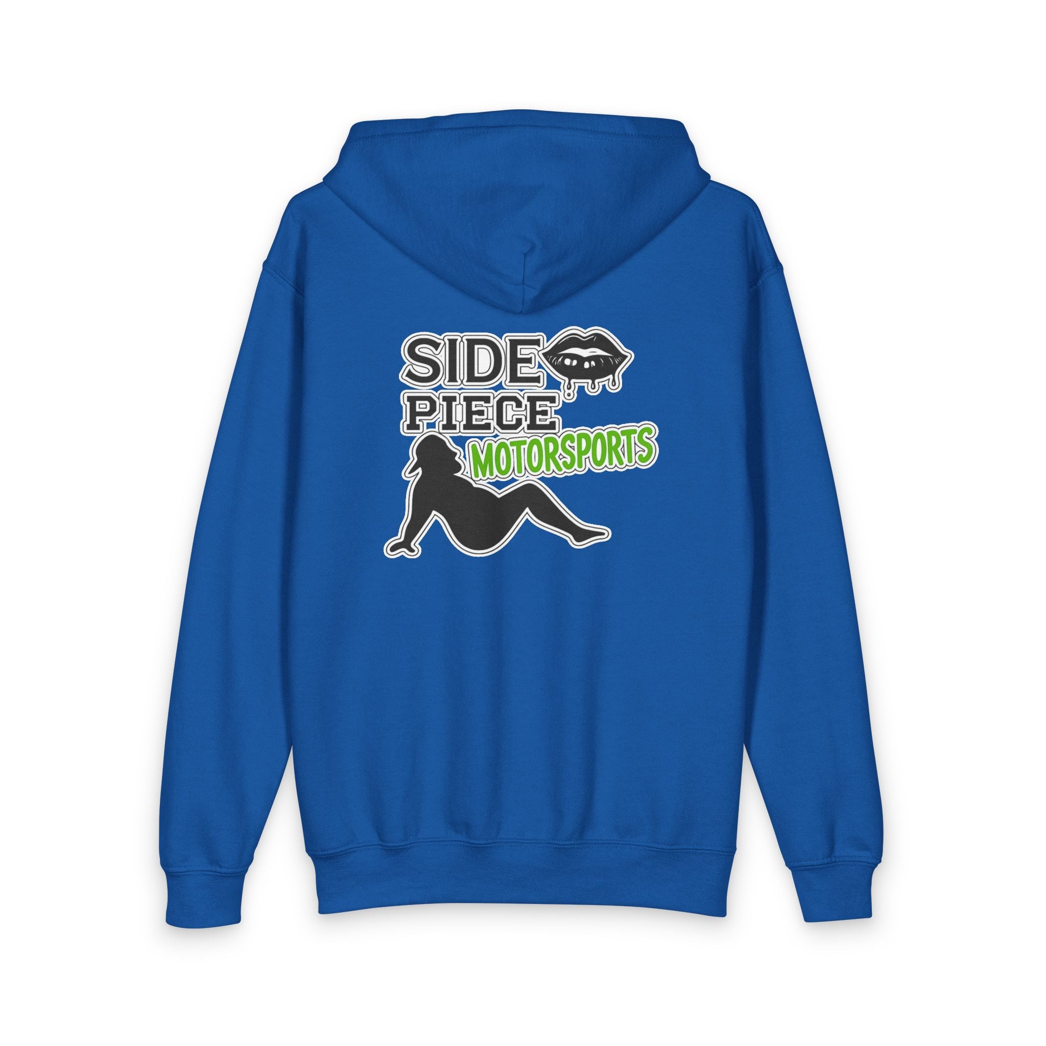 Side Piece Motorsports Youth Zip Hoodie — Racing Logo Back & Small Chest Patch