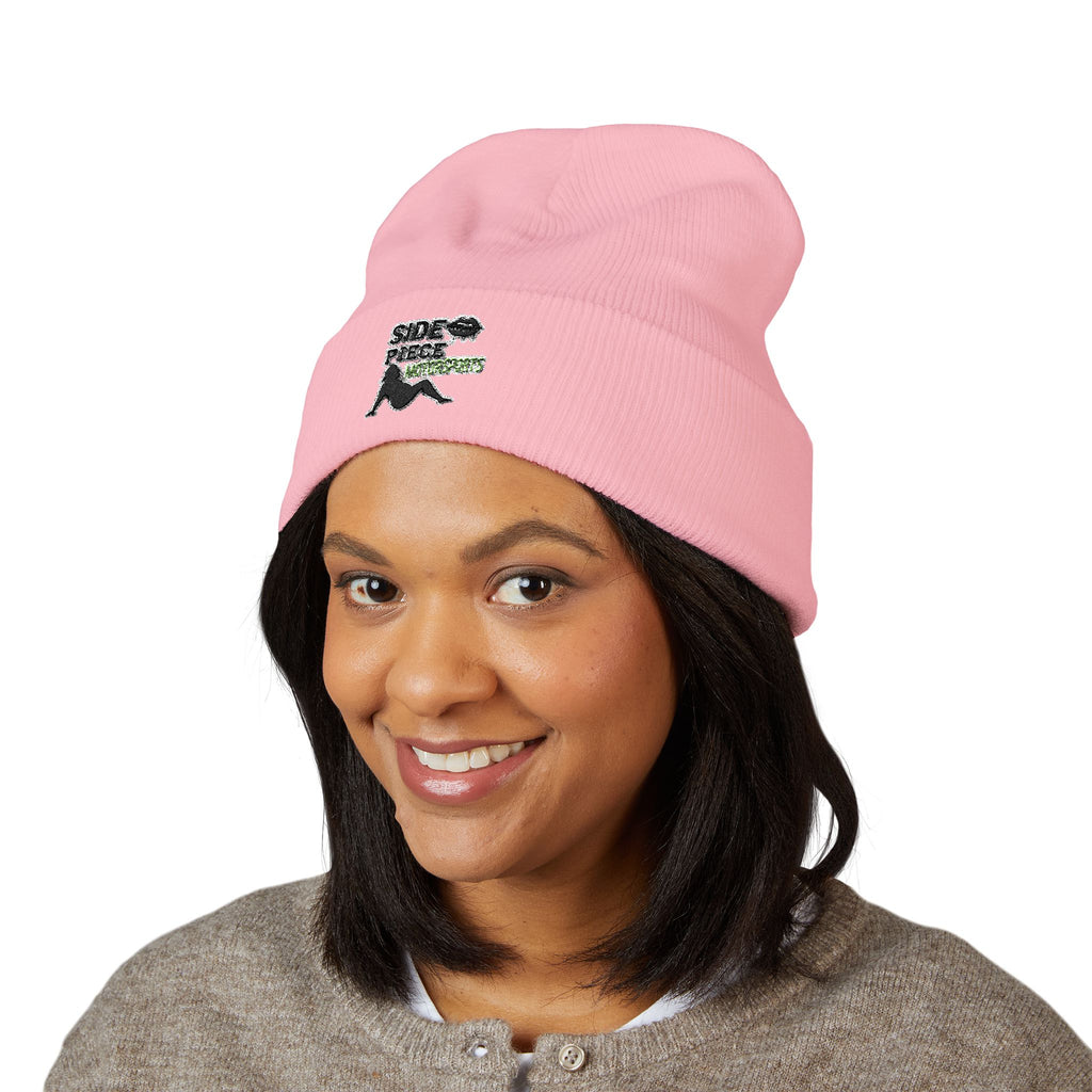 Side Piece Embroidered Cuffed Beanie — Trendy Minimal Winter Knit Hat