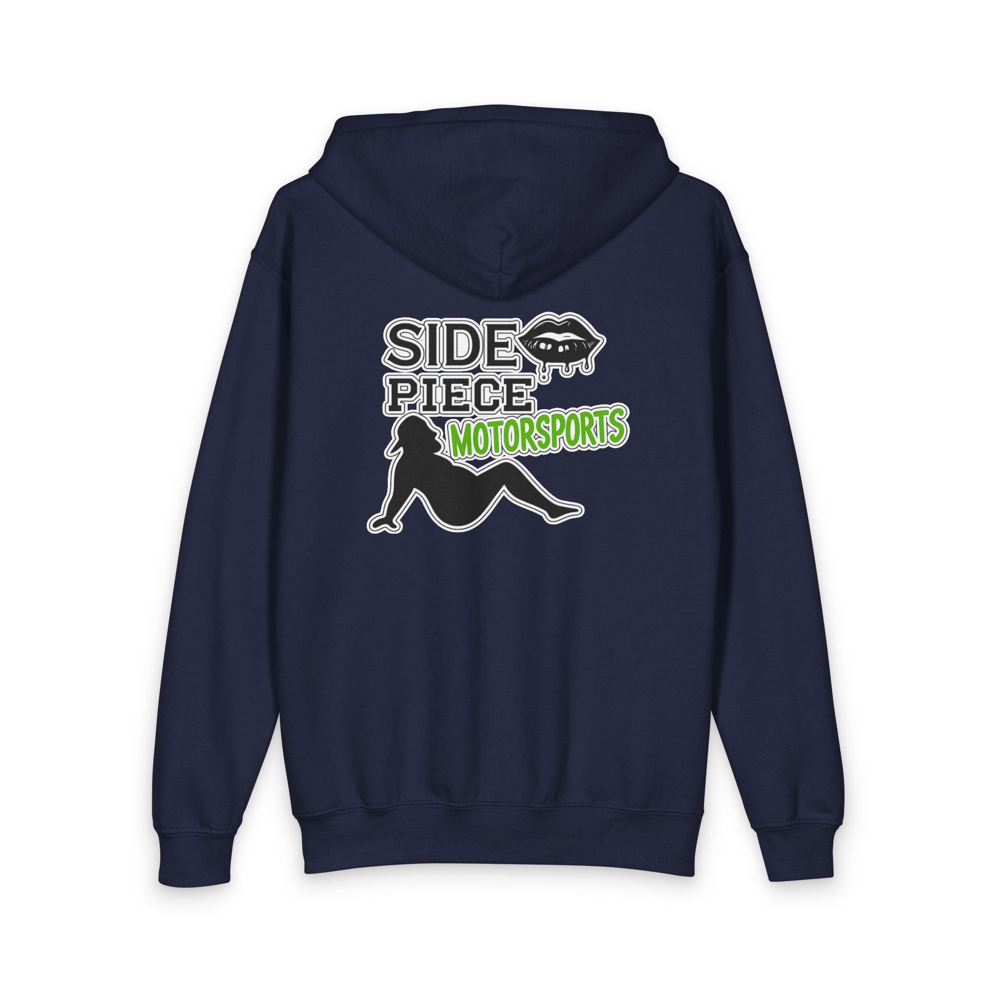 Side Piece Motorsports Youth Zip Hoodie — Racing Logo Back & Small Chest Patch