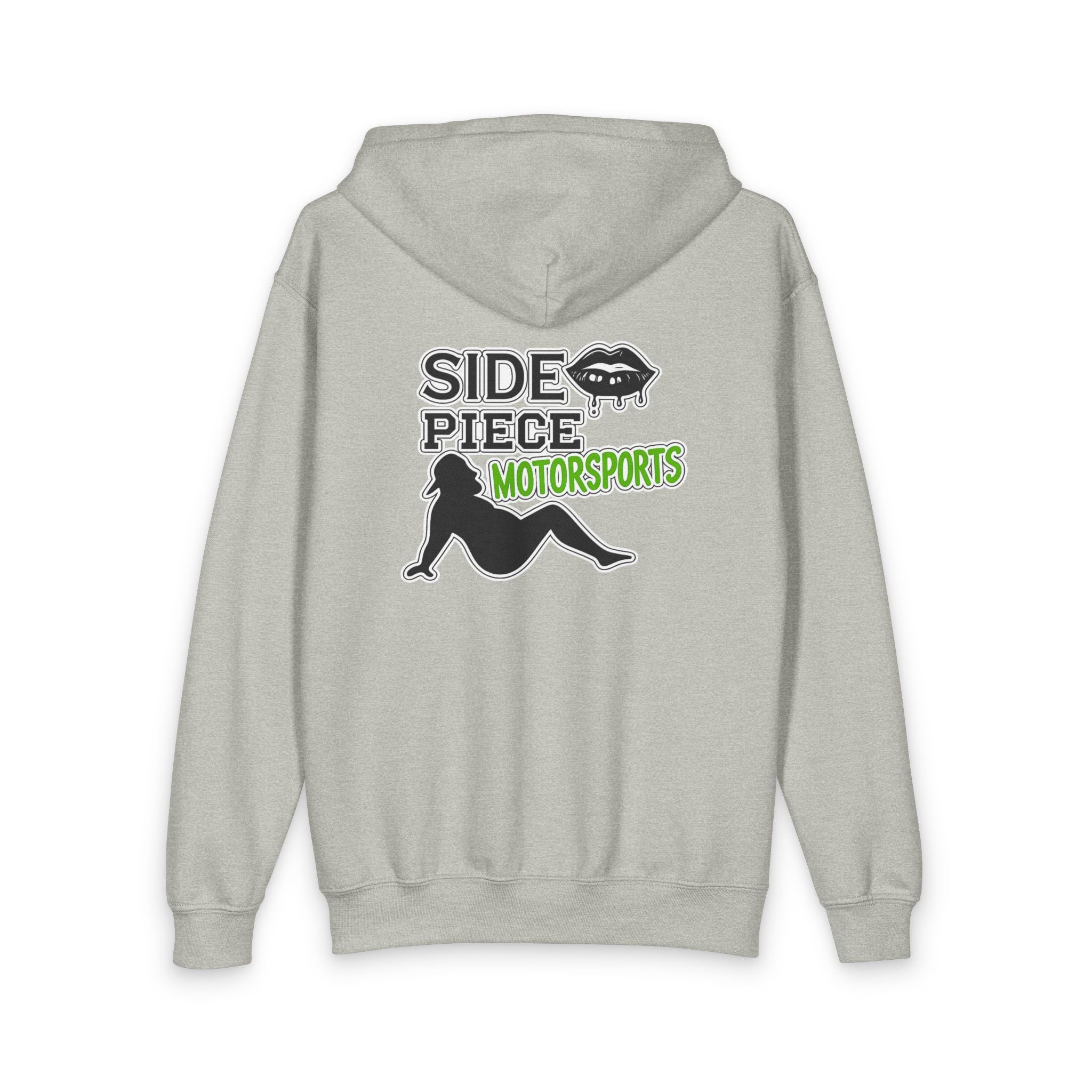 Side Piece Motorsports Youth Zip Hoodie — Racing Logo Back & Small Chest Patch