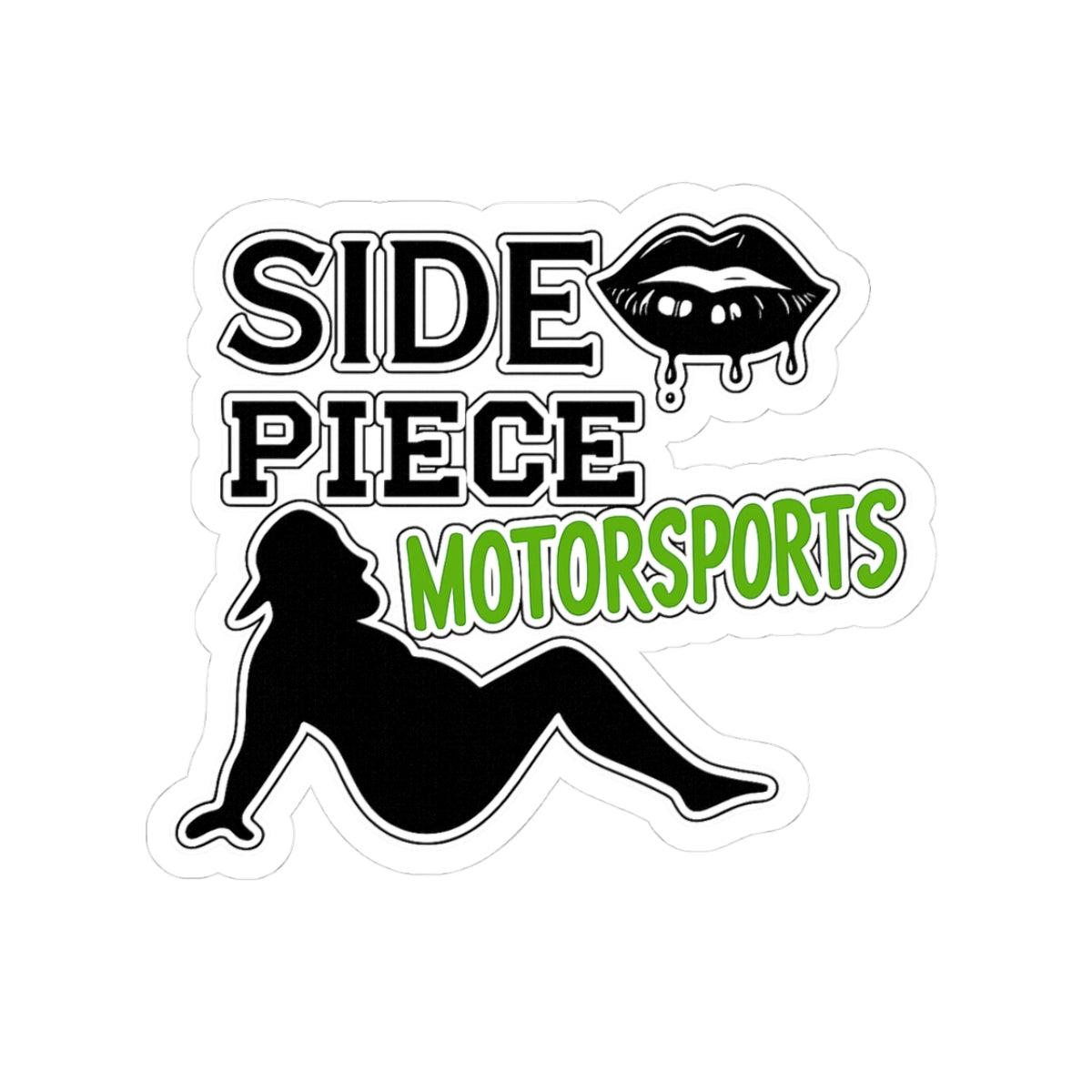 Side Piece Motorsports Kiss-Cut Sticker — Dripping Lips & Pinup Silhouette Decal