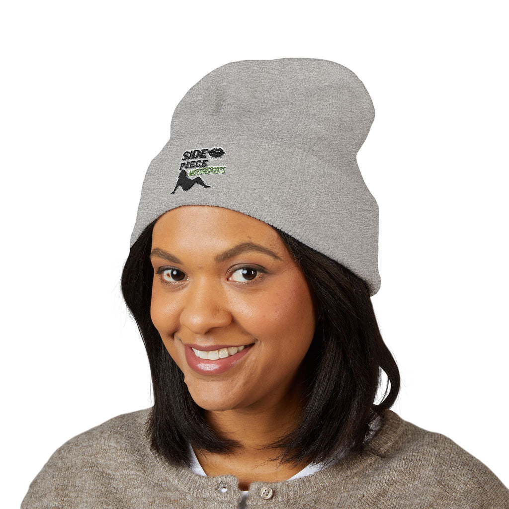 Side Piece Embroidered Cuffed Beanie — Trendy Minimal Winter Knit Hat